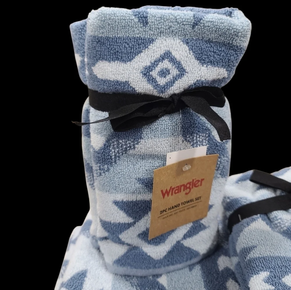4pc Wrangler Hand & Tip Towels Blue Aztec Super Soft Western Ranch Cowboy NEW